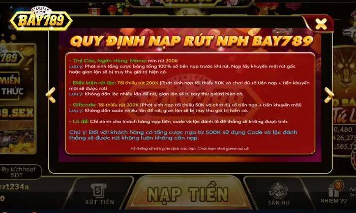 quy định nạp rút NPH Bay789 Quy định nạp rút NHP Bay789
